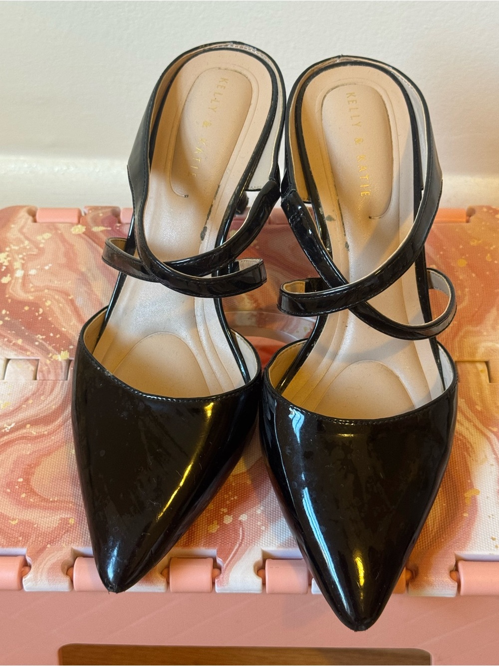Kelly & Katie Black Patent Pointed Toe Ankle-Strap Heels